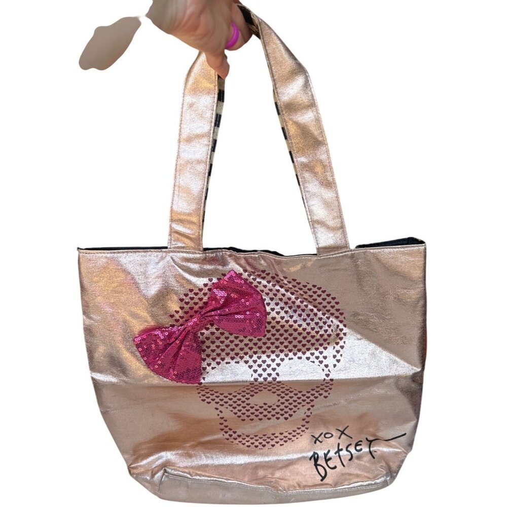 Betsey Johnson XOXO Metallic Gold Shoulder Bag Purse w/Pink Bow & Skull 22" Tall